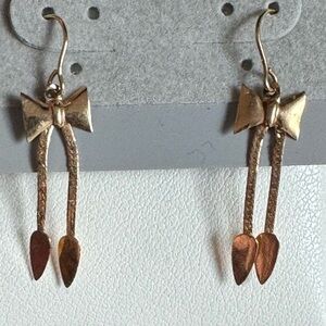 14k Yellow Gold Bow Herringbone Chain Fringe Dangle Vintage Earrings